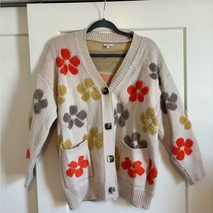 En Creme Floral Cardigan with Red, Yellow, and Gray Accents